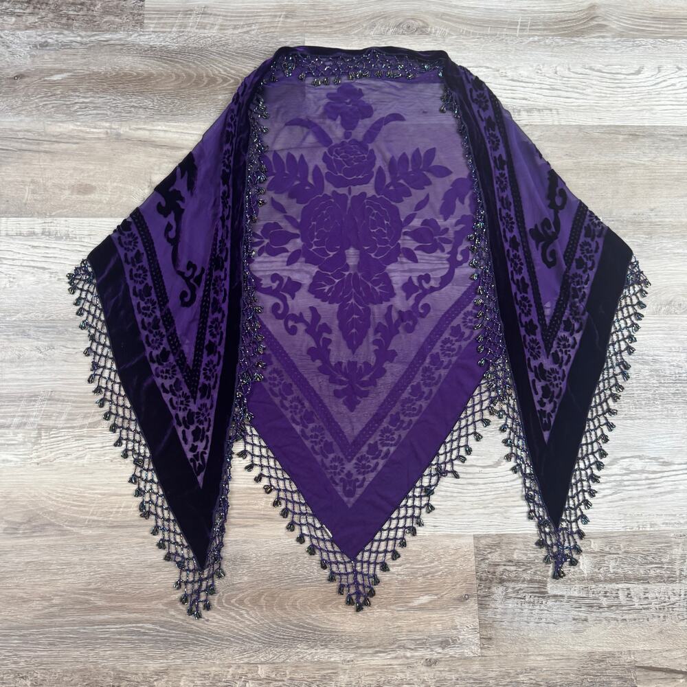Vintage 90s Purple Velvet Burnout Beaded Fringe Shawl Wrap Whimsigoth Fairy Boho